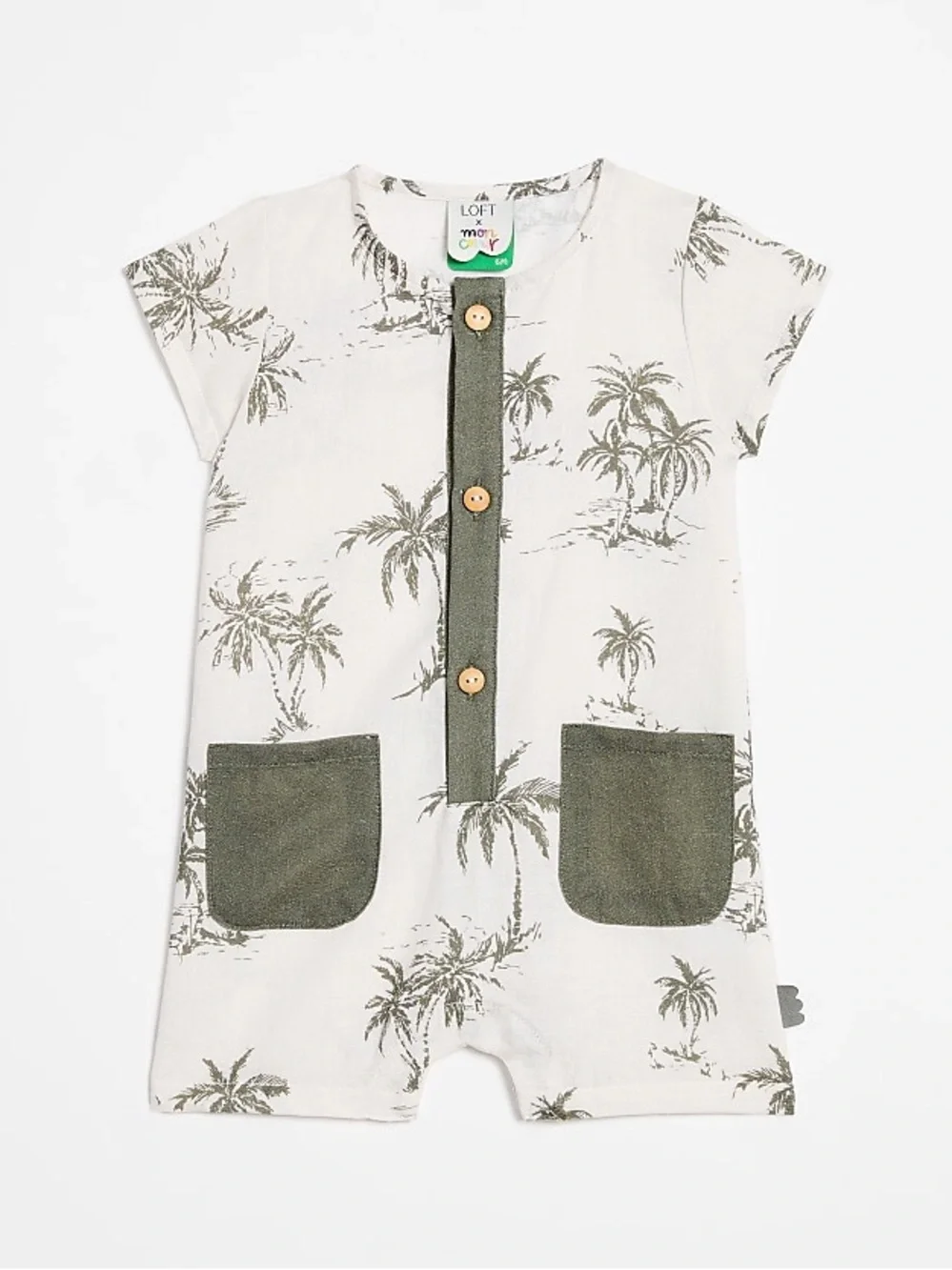 LOFT x Mon Coeur Cream and Olive Linen Palm-Print Baby Romper